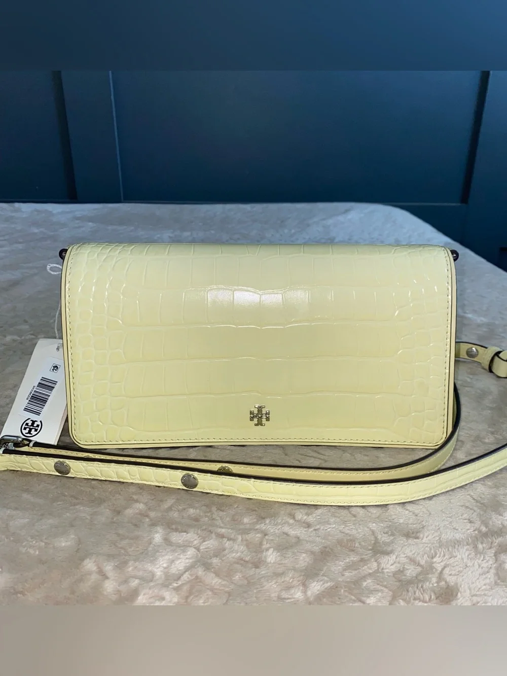 Tory Burch Pale Yellow Croc-Embossed Leather Crossbody